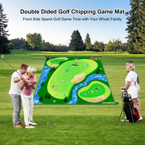 TOTOSIN Golf Chipping Game Mat, Double Sided Golf Hitting Mat,6x5 FT Golf Practice Mat Outdoor Indoor Golf Games for Adults,Score Sticky Playing Golf Balls for Home Backyard Garage Game(No Club)