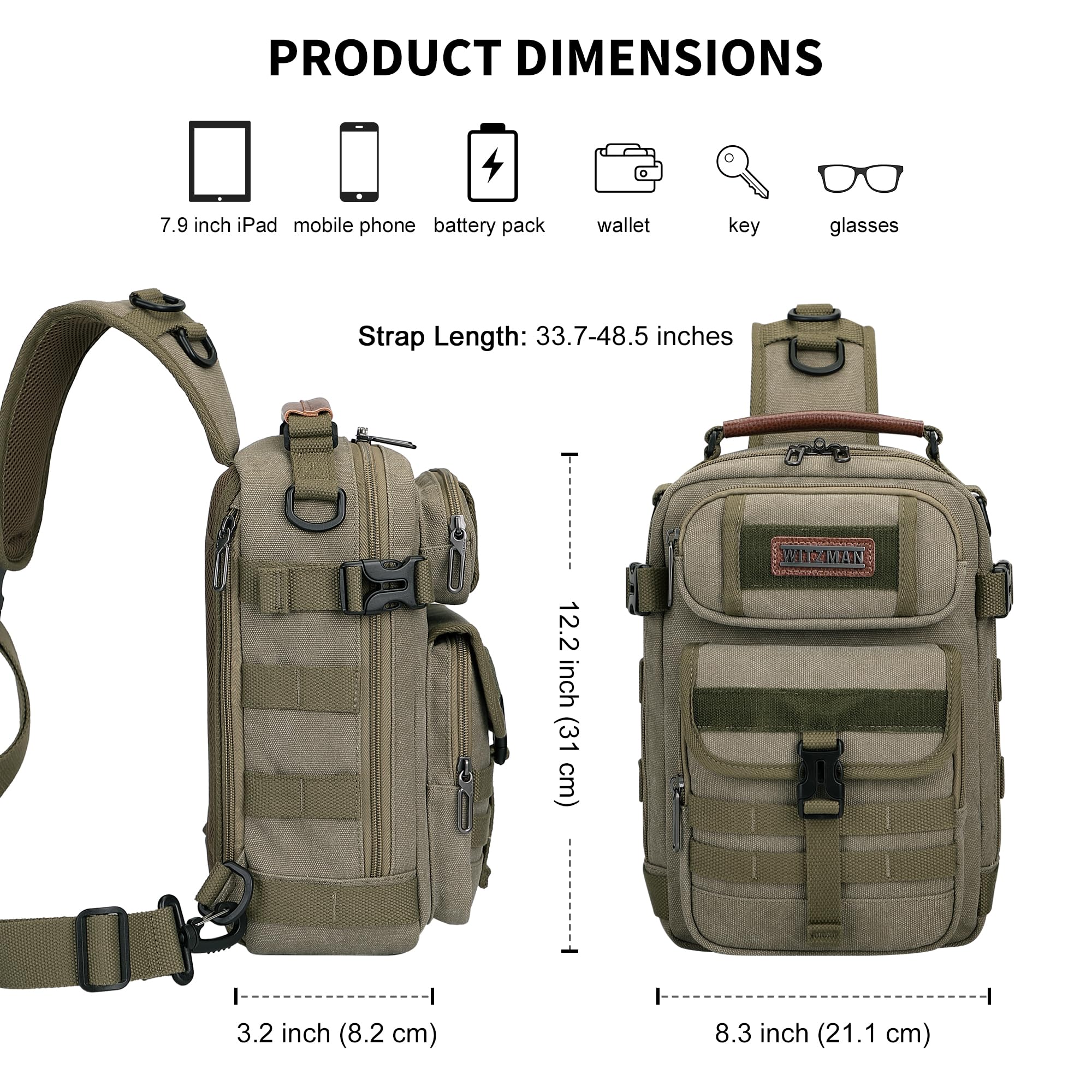 WITZMAN Sling Bag for Men Canvas Shoulder Crossbody Bags Large Vintage Bags for Men Travel, Casual, Daily(A8021 Army Green)