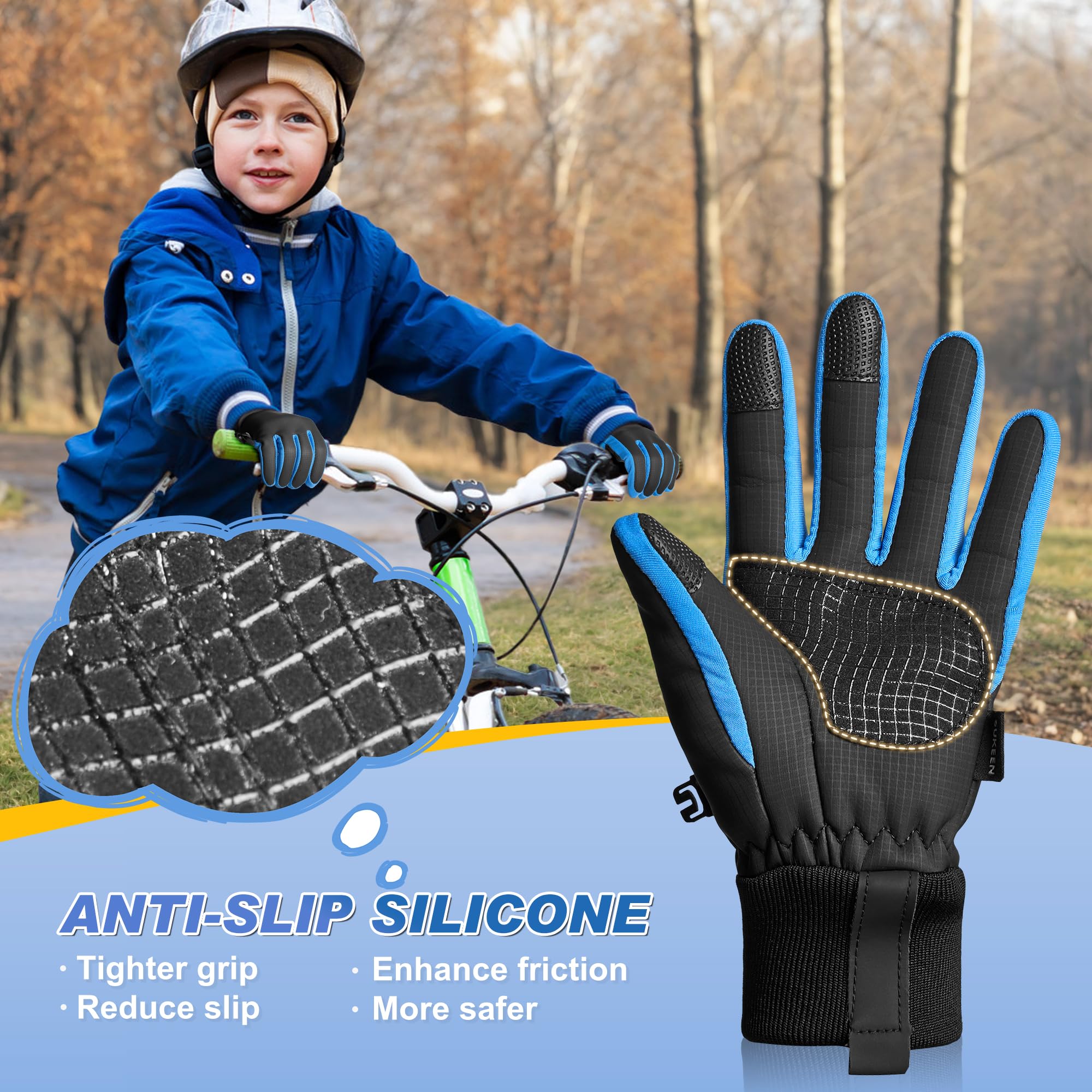 Sukeen Kids Winter Warm Gloves for Boys Girls Windproof PU Cold Weather Gloves Aged 4-14 Anti-Slip Gloves for Cycling Outdoor