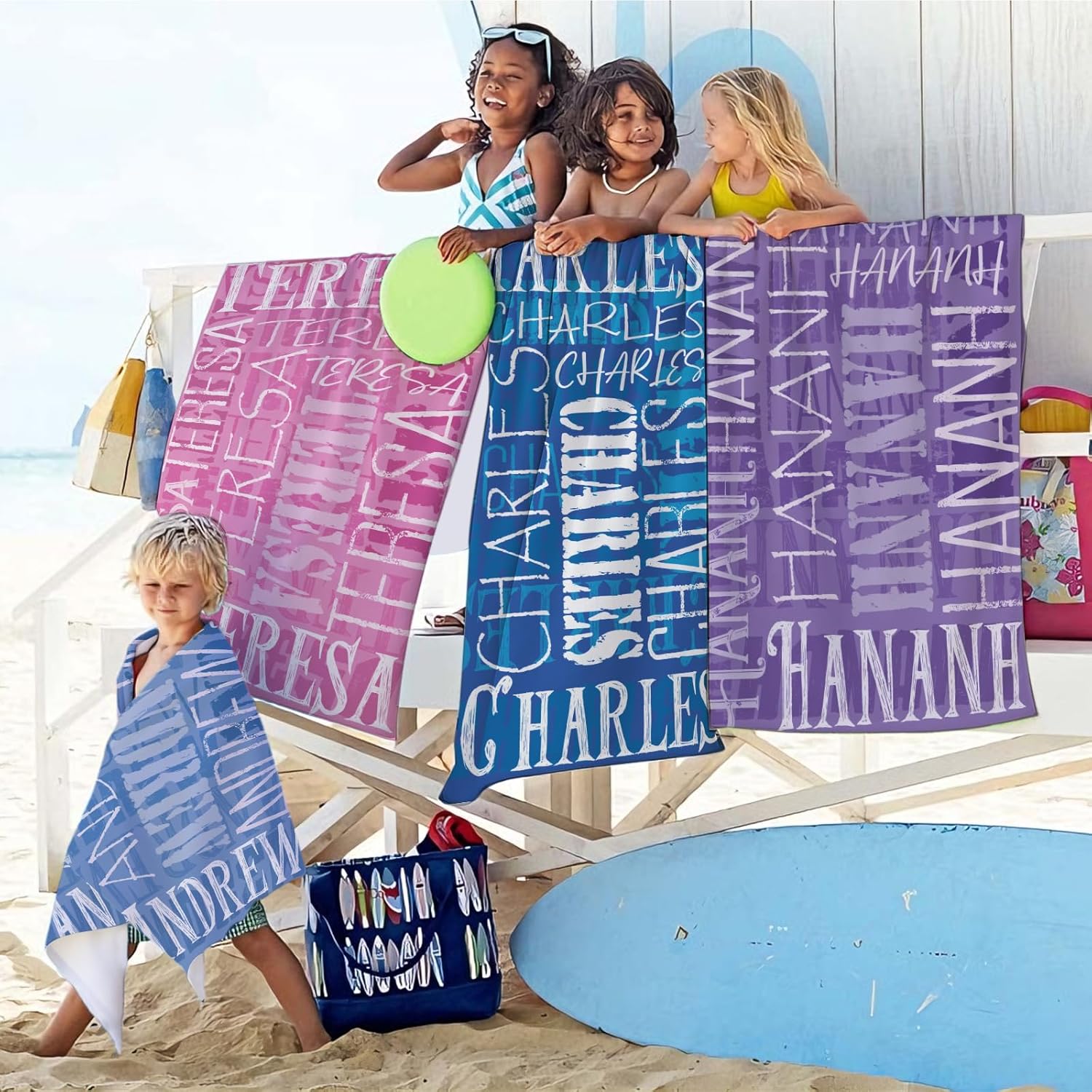 Yoke Style Personalized Beach Towels for Kids, Custom Sand Free Microfiber Beach Towel with Your Name, Customized Quick Dry Pool Towels Easter Gifts for Girls Boys Toddler