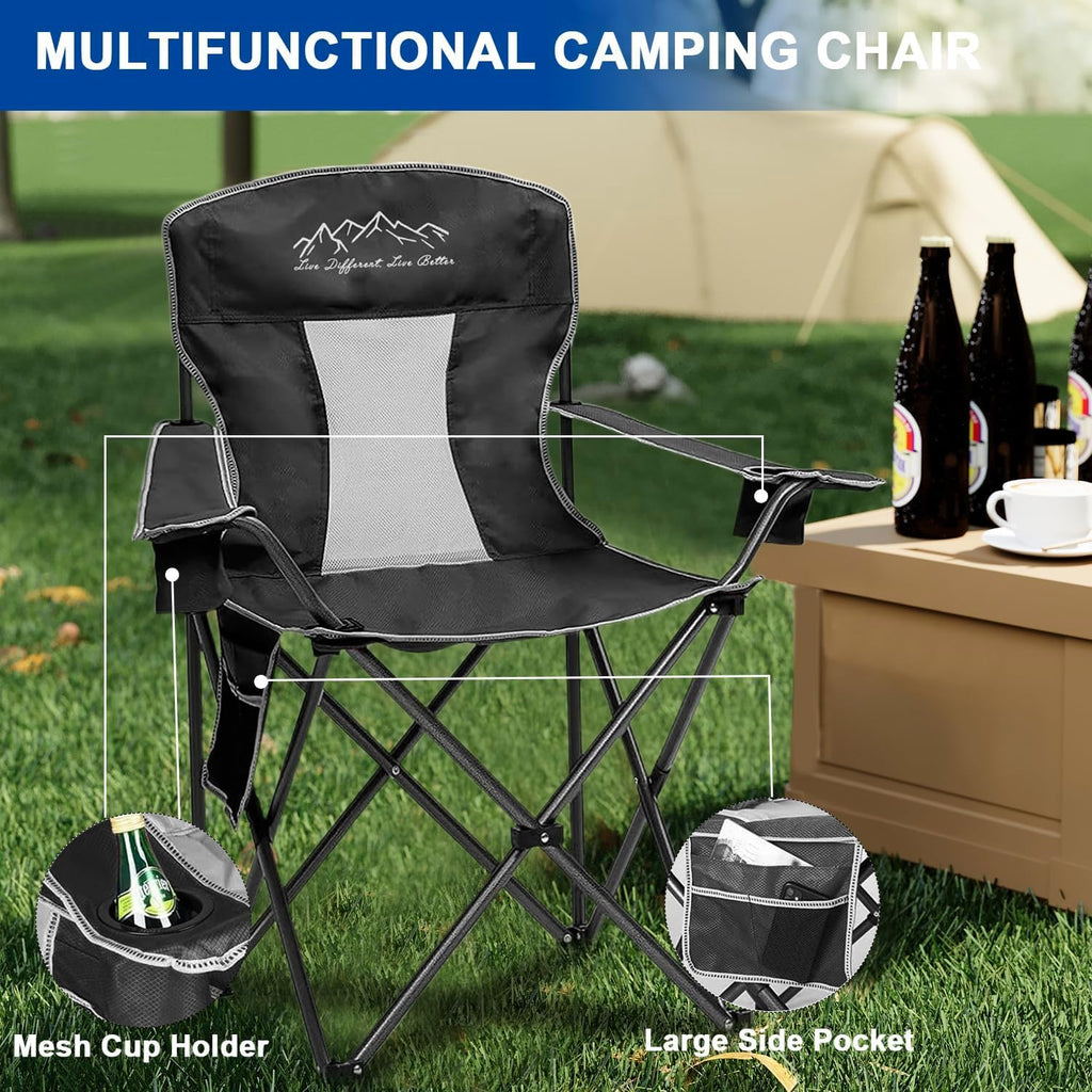 Skiennix Outdoor Folding Camping Chair - Breathable Mesh, 400lbs Capacity, Cup Holder & Storage Bag | Black
