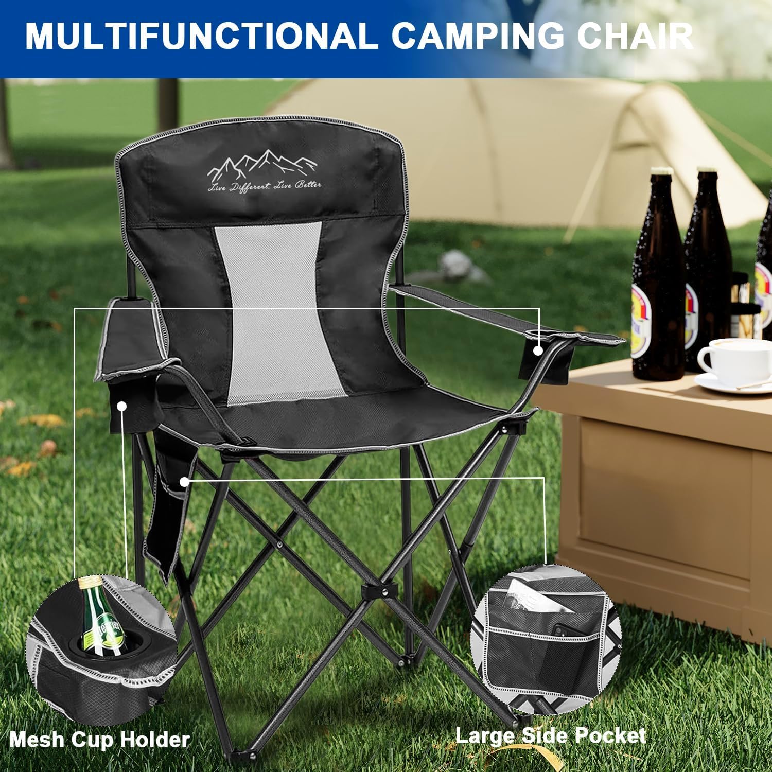 Skiennix Outdoor Folding Camping Chair - Breathable Mesh, 400lbs Capacity, Cup Holder & Storage Bag | Black