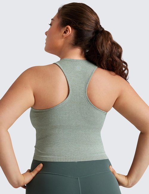 CRZ YOGA Seamless Ribbed High Neck Crop Tank Top - Longline Racerback Padded Sports Bra for Women