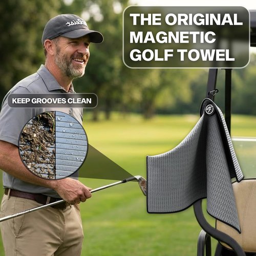 Fore Supply Golf Towel with Magnet - Premium Absorbent Microfiber Towel with Clip - 24"x16" - for Cart, Club or Bag - Golf Rag, Accessories & Golfing Gear - Waffle Weave Pattern (Grey)