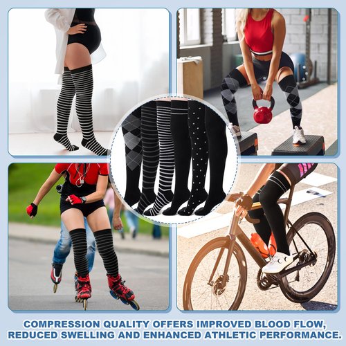 Chicingyou 6 Pair Thigh High Compression Socks for Women Men 15-20 mmHg Over the Knee Compression Support Stockings for Hiking Nurses Running Recovery(Black Grey Check)