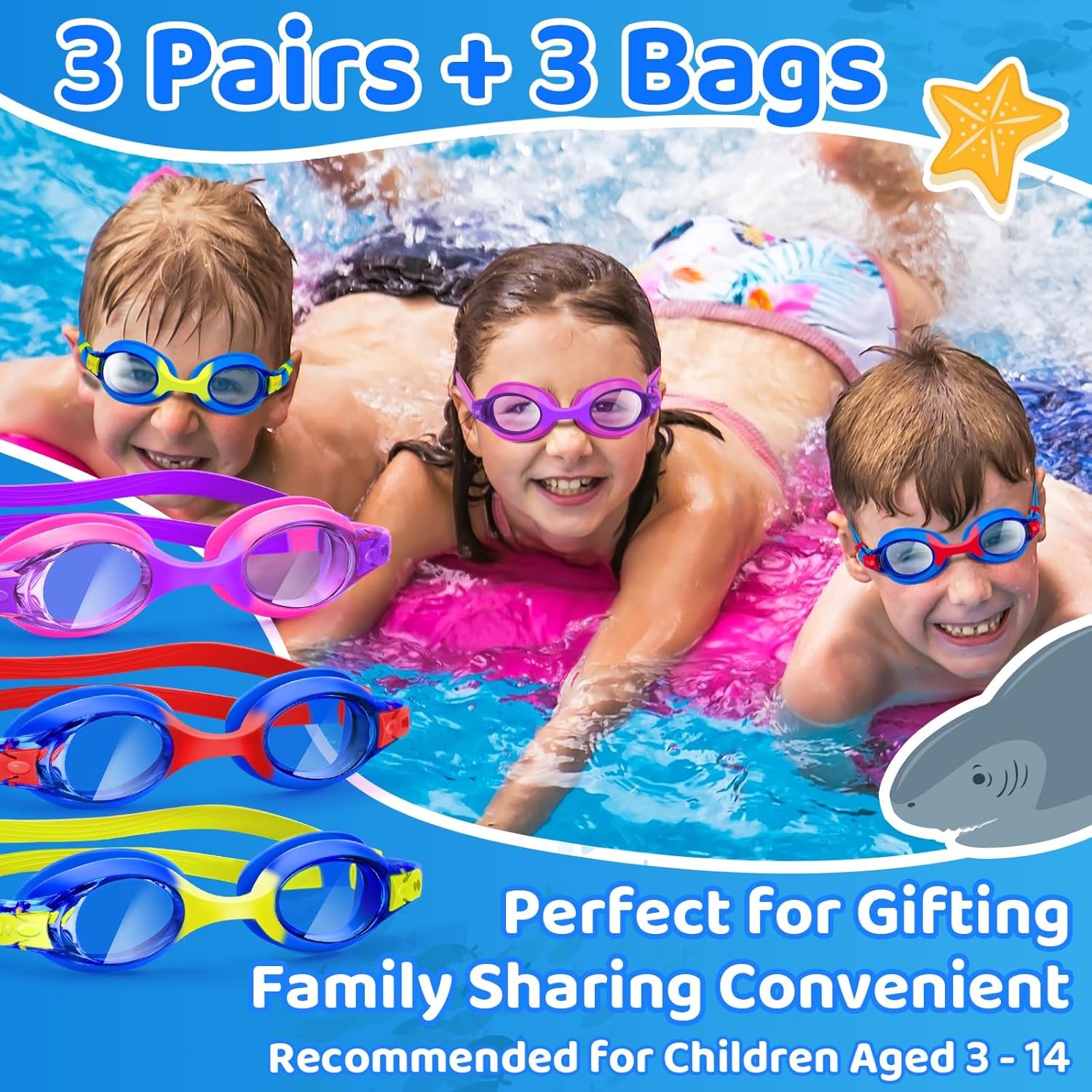 Vvinca Kids Swim Goggles - Anti-Fog UV Protection | Soft Silicone, Leak-Proof Design for Ages 3-14