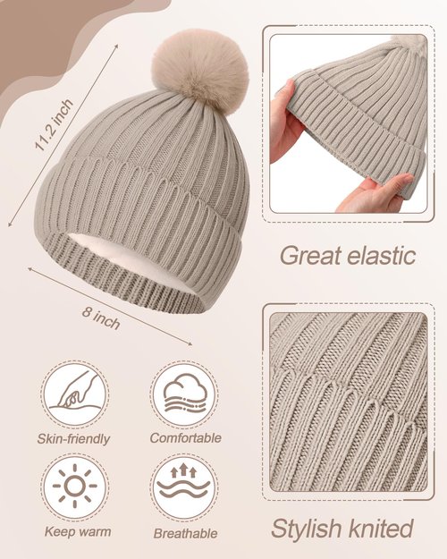 Silicherry 4 Pcs Winter Beanie Hat Scarf Gloves Set Knit Fleece Lined Gloves Ear Muff Knit Hat Long Scarf for Men and Women(Beige)