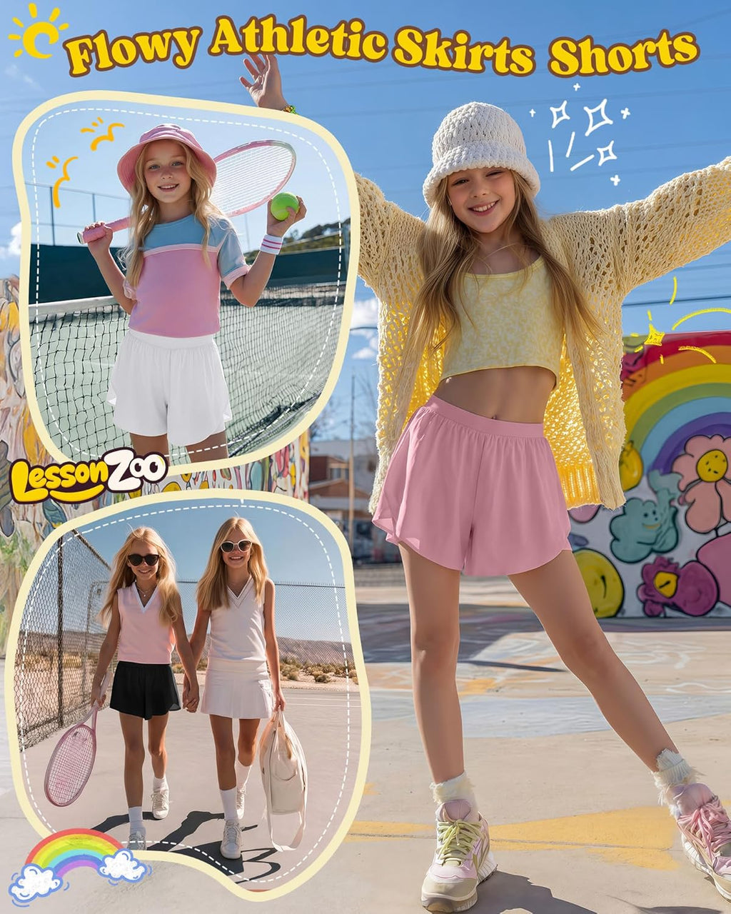Skiennix Girls' Athletic Shorts - 2 in 1 Flowy Butterfly Skirts | Quick Dry High Waist with Pockets, 4 Pack