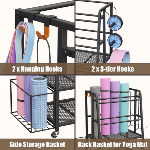 Weight Rack for Home Gym, Vopeak Dumbbell Rack Stand Only, Adjustable Weight Rack for Dumbbells, Kettlebells Yoga Mat, Home Gym Storage Rack with Wheels and Hooks, Powder Coated Finish Steel