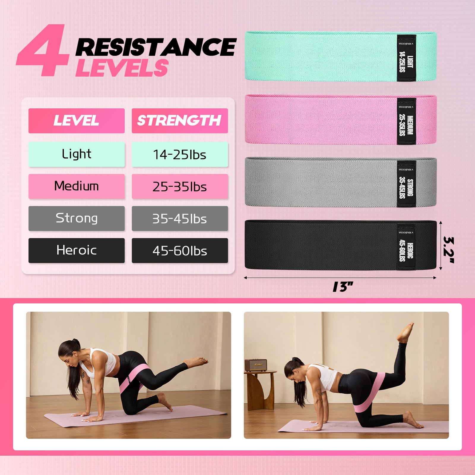 Resistance Bands for Working Out with Guide, 4 Workout Bands for Women & Men, Fabric Exercise Bands for Legs, Hip, Glute, Butt, Booty Bands Set for Yoga, Pilates, Strength (Green, Pink, Gray, Black)
