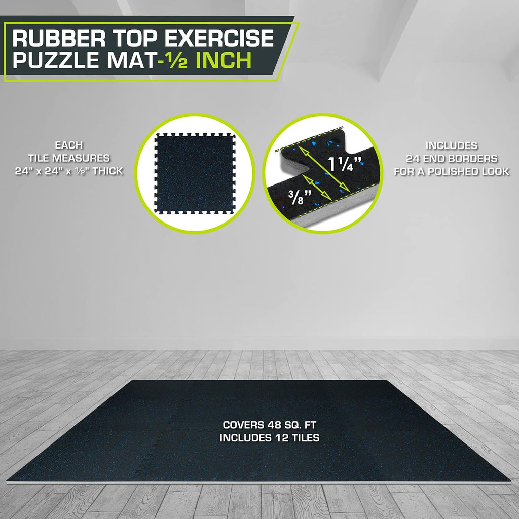 ProsourceFit Rubber Top Exercise Puzzle Mat - EVA Foam Interlocking Tiles for Home Gym | ½-Inch & ¾-Inch, 24 SQ FT or 48 SQ FT