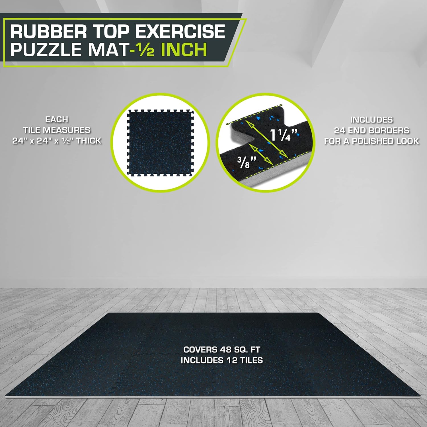 ProsourceFit Rubber Top Exercise Puzzle Mat - EVA Foam Interlocking Tiles for Home Gym | ½-Inch & ¾-Inch, 24 SQ FT or 48 SQ FT