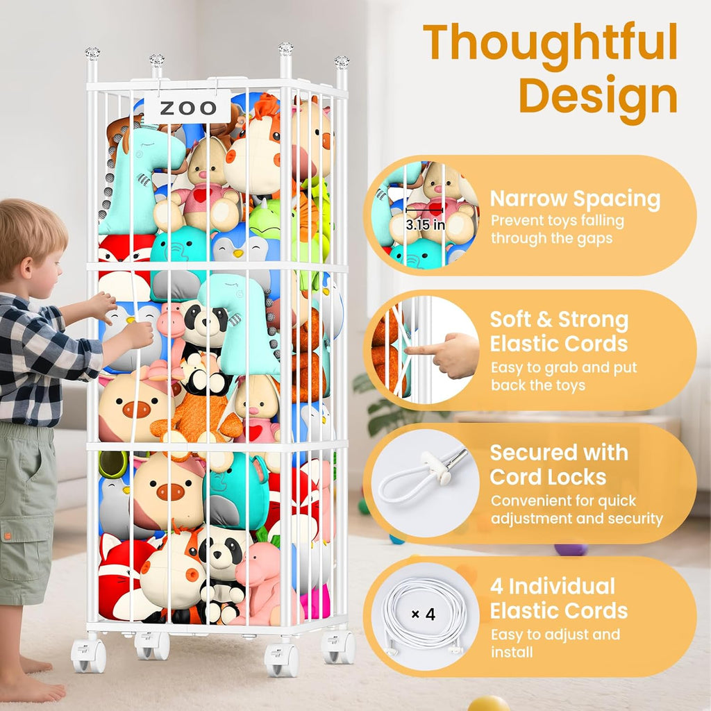 TomCare Extra Large Stuffed Animal Storage - Space-Saving Organizer with 4 Lockable Wheels for Playroom & Bedroom