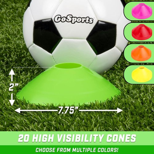 GoSports Premium Agility Training Cones - 20 Pack with Tote in Vibrant Colors: Orange, Green, Pink, Yellow, Red
