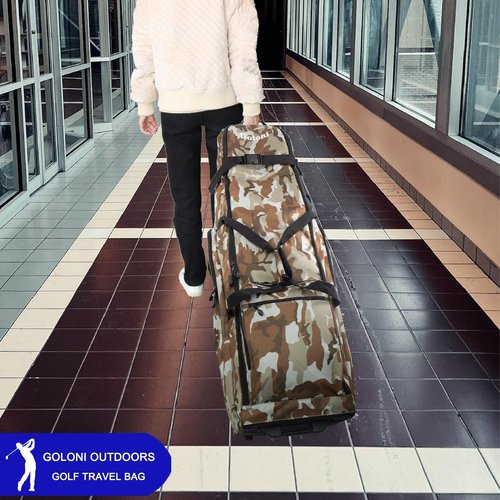 Golf Travel Bags for Airlines with Wheels,Golf Bag 900D Heavy Duty Oxford Wear-Resistant Soft-Sided Golf Club Flight Bag with Adjustable Support Rod,Brown Camo