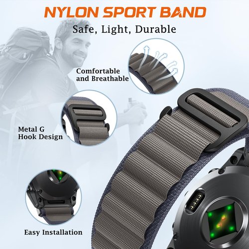 ShinKin QuickFit 26mm Nylon Trail Loop Strap for Garmin Tactix 8 51mm, Fenix 8, Fenix 7X, Fenix 6X, Fenix 5X & More, Blue