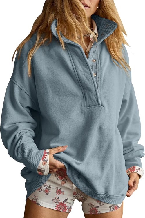 Gacaky Oversized Sweatshirt for Women - Casual Long Sleeve Button Henley Neck Pullover Top