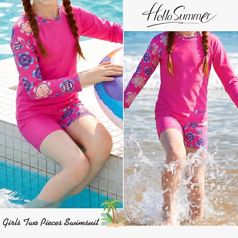 Girls Rash Guard Set 2-Piece Swimwear - Red Turtle, 13-14 Years