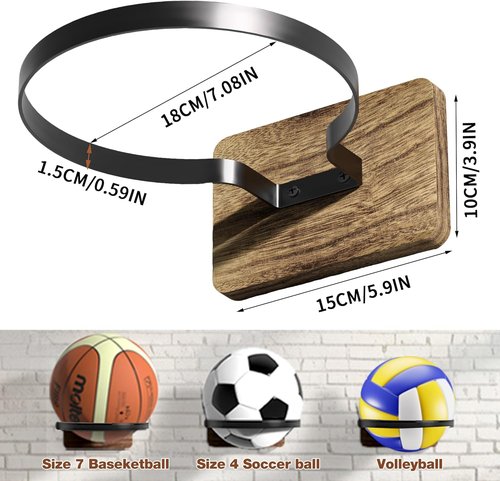 Basketball Holder Wall Mount - Wooden Base, 4-Piece Sports Ball Storage Rack for Football, Soccer & Rugby