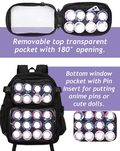 VOUSXLLEZ Ita Bag Backpack Double Window Pins Bag with insert, Backpack for Cosplay and Concert(Pins NOT Included) (White)