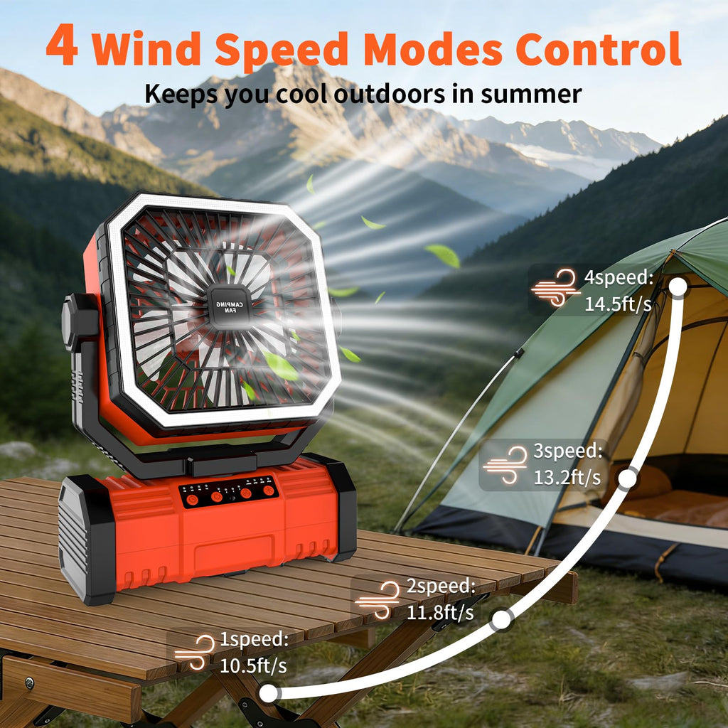 Super RGB 20000mAh Portable Camping Fans,Rechargeable Battery-Operated Oscillating Tent Fan with 4-Speeds,LED Light & Remote 360° Rotating Hook for Home,Outdoor and RV Travel in Summer Orange
