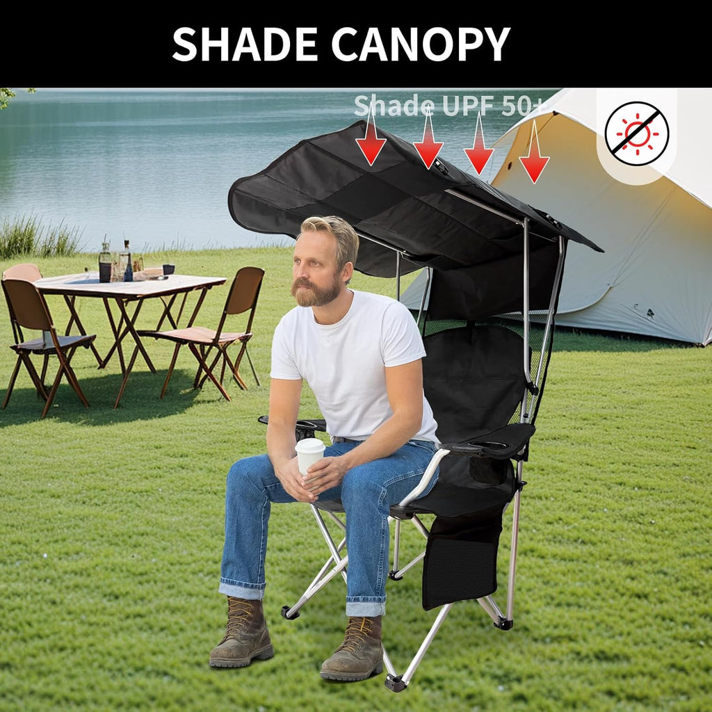 Skiennix Portable Camping Chair - Folding Lounge Chair with Canopy Shade & Cup Holder | Supports 330 LBS (Black)