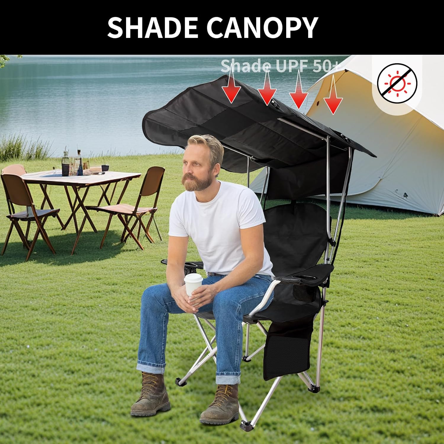 Skiennix Portable Camping Chair - Folding Lounge Chair with Canopy Shade & Cup Holder | Supports 330 LBS (Black)