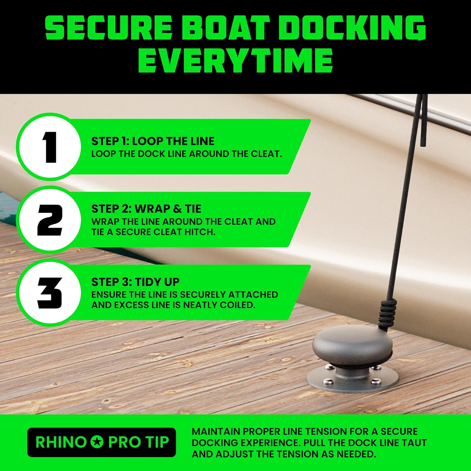 Rhino USA Dock Lines - Heavy Duty 5/8" x 16' Marine Grade Rope for Boats, Kayaks & Pontoons - Black