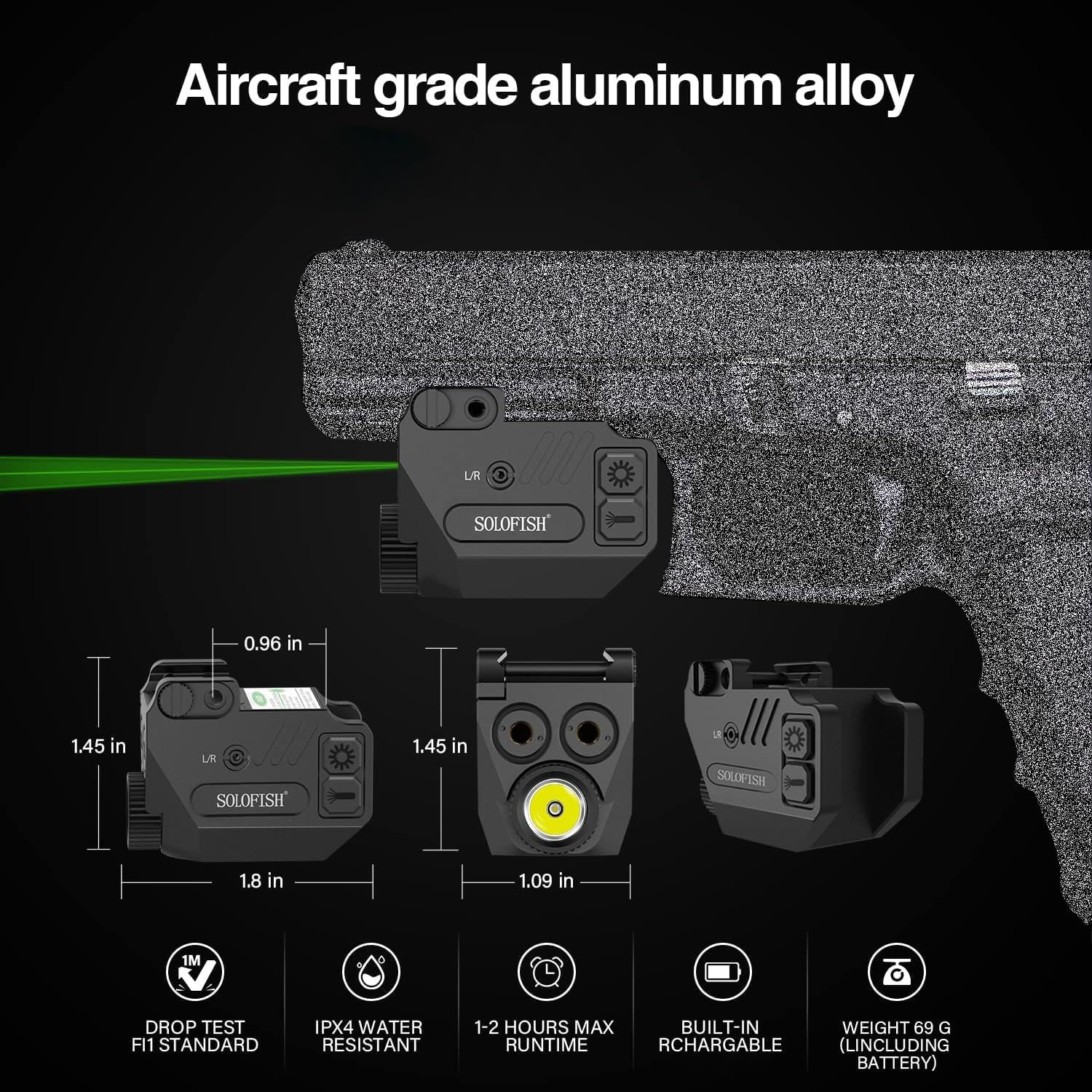 SOLOFISH Pistol Light - 500lm Rechargeable Aluminum Weapon Light with Purple/IR/Green Blue Beam Combo