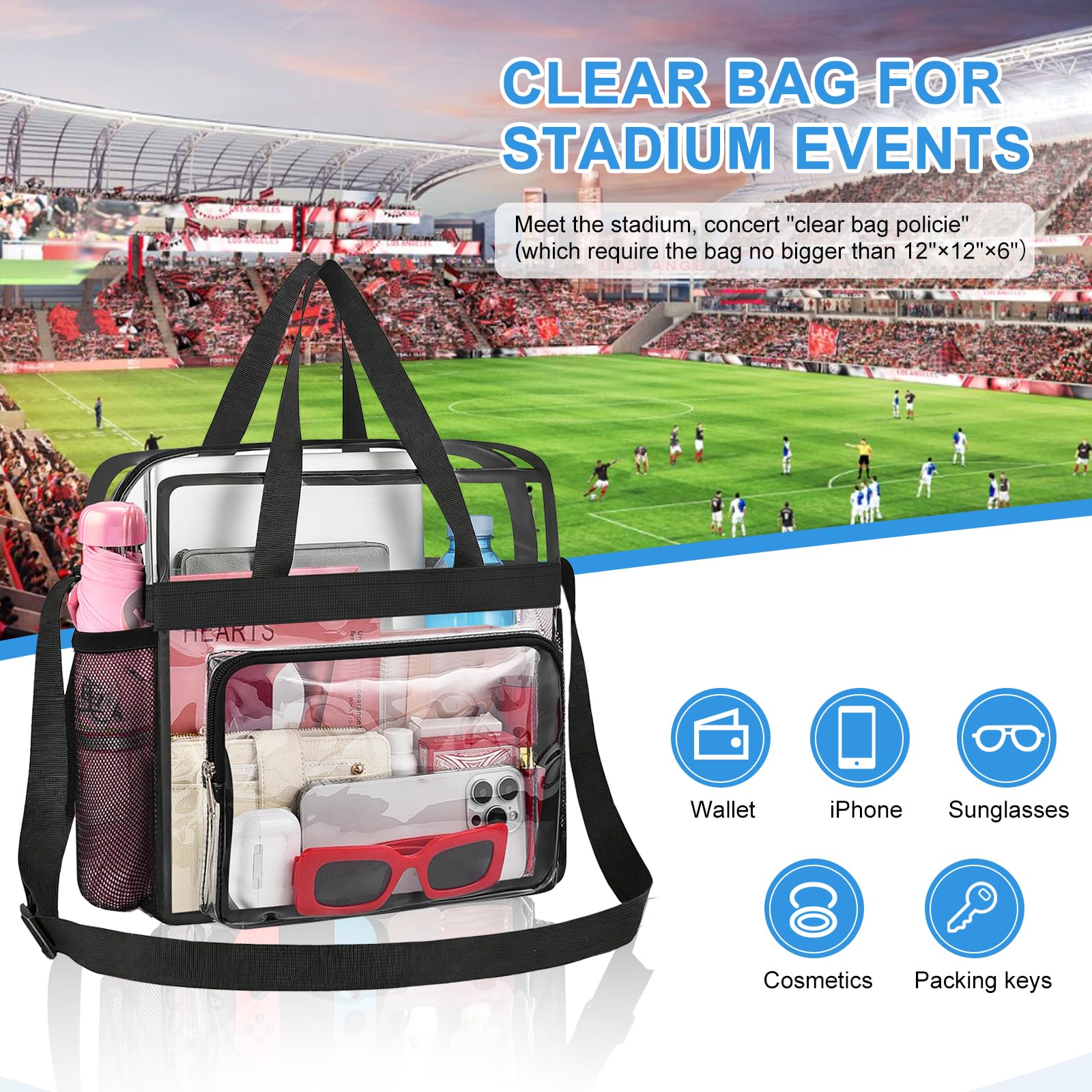 Busiuw Clear Bag for Stadium Events, Stadium Approved 12x12x6 Clear Tote Bag with Reinforced Straps for Sport Fan, Work Concert Travel(Black)