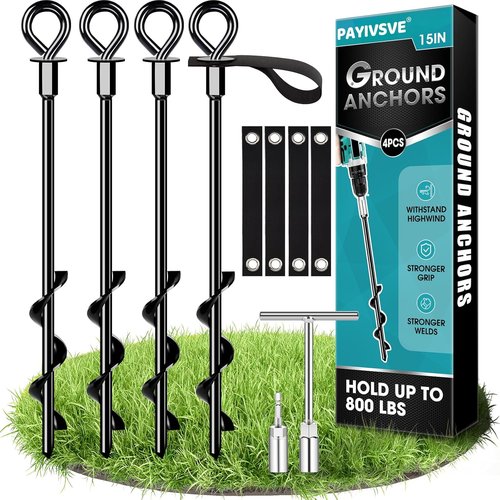 Ground Anchors | 4-Pack Screw-In Stakes with Straps - High Wind Resistant for Trampolines, Tents, and Swing Sets (4x15 in)
