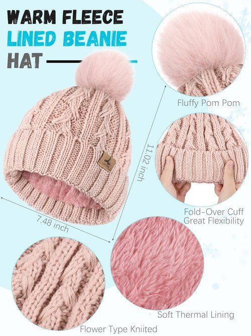 Winter Hat Scarf Gloves Set,Fleece Lined Pom Pom Beanie Hat Warm Knit Long Scarf Touchscreen Gloves Winter Gifts for Women Pink