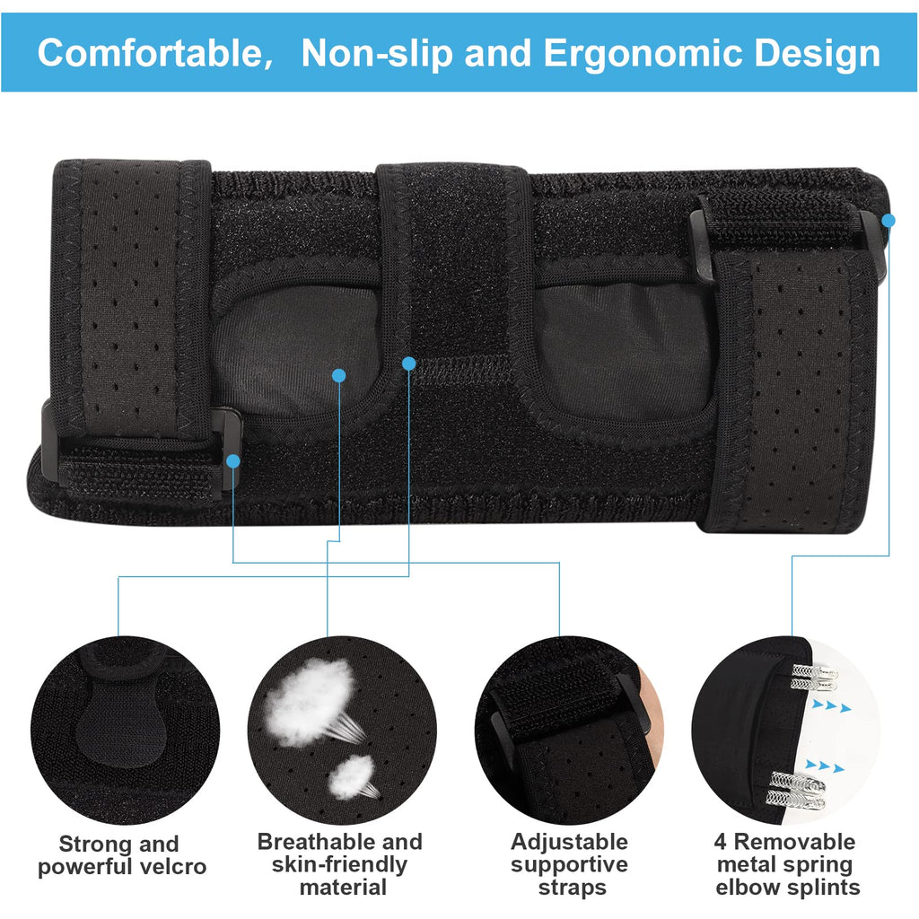 PEIZSON Elbow Splint Tendonitis Elbow Brace, Cubital Tunnel Syndrome Brace with 4 Removable Metal Spring Splints for Sleeping, Elbow Immobilizer for Ulnar Nerve Entrapment， Golfers Elbow (S/M)