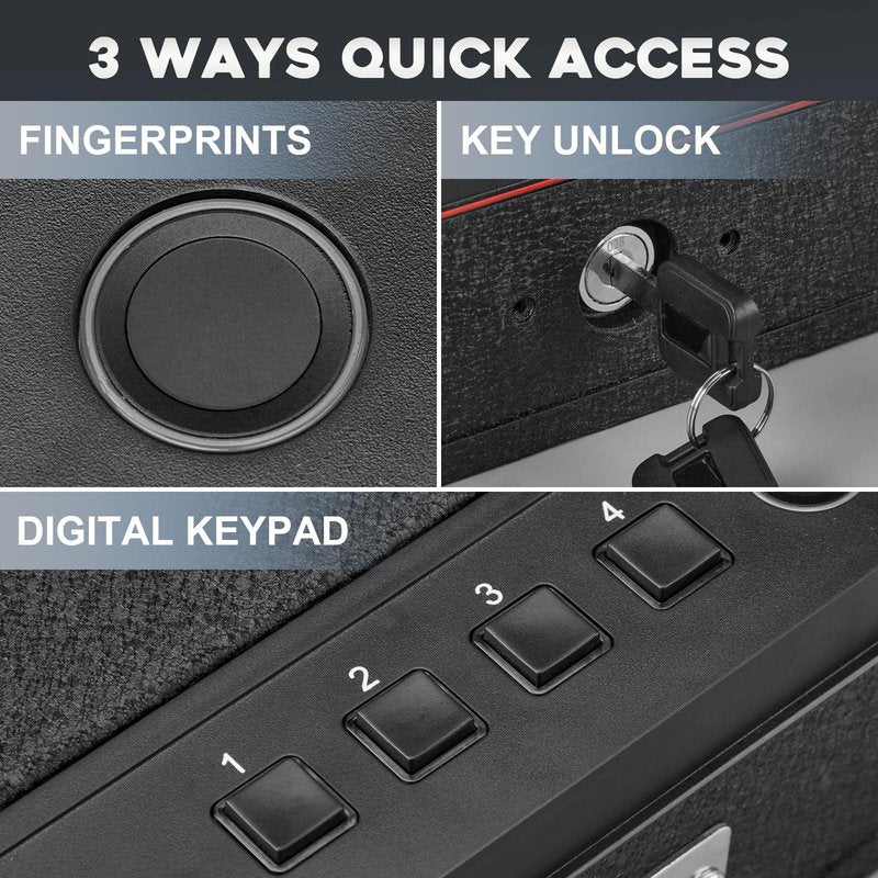 Domenow Biometric Fingerprint Gun Safe, Three Ways Quick Access Gun Lock Box for Pistols with Keys, Key Pad, USB-C Port and LED Light, Bedside Gun Safe for Home, Nightstand and Desk