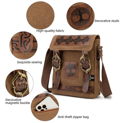 SV SENVAN Medieval Renaissance Crossbody Bag – Viking Steampunk Canvas Sling Pack，Brown Embossed with Metal LARP, Travel & Urban Adventures