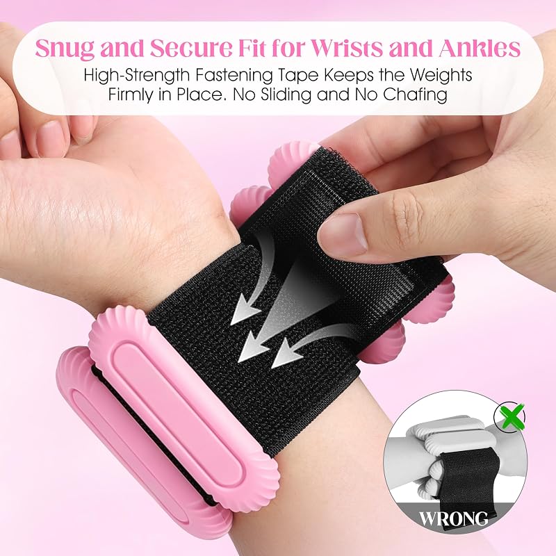 2lb Silicone Wrist & Ankle Weights - Removable Steel Blocks, Adjustable, Pink