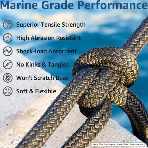Marine Grade Dock Lines by [Brand Name] - 5/8" x 20' Double Braided Nylon Boat Rope - Fray Resistant, Easy Handling, 15" Loop - Black