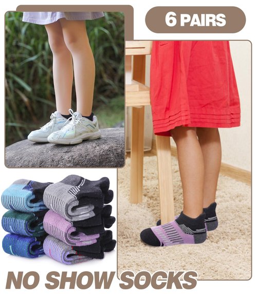 LANLEO Kids Merino Wool Ankle Hiking Athletic Running Socks Girls Boys Teens Winter Warm Thick No Show Socks 6 Pairs Black, 8-12 Year Old