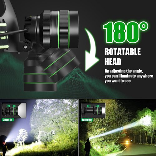 Northlet Rechargeable Headlamp, LED Super Bright Headlight, 5 Modes Zoomable Head Lamp, 180°Adjustable, IPX6 Waterproof for Camping, Running, Climbing, Hiking