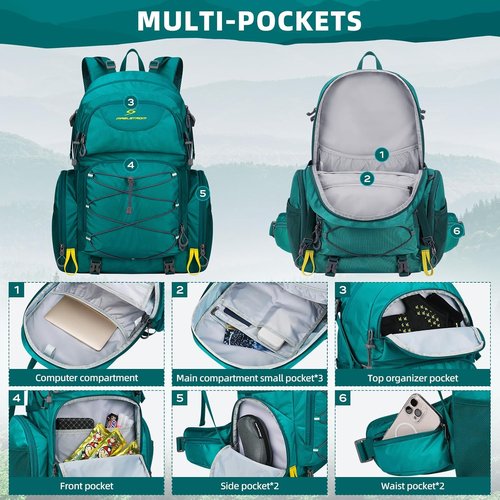 Maelstrom Hiking Backpack, 40L Waterproof Camping Daypack for Men and Women, Lightweight Travel Pack with Rain Cover (Green)