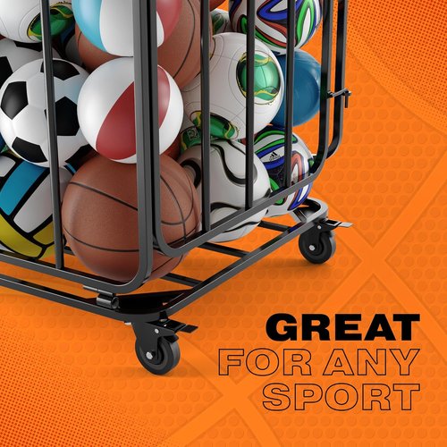 Houseables Ball Cart - Sports Equipment Organizer with Wheels | Large Metal Basketball & Volleyball Storage Bin