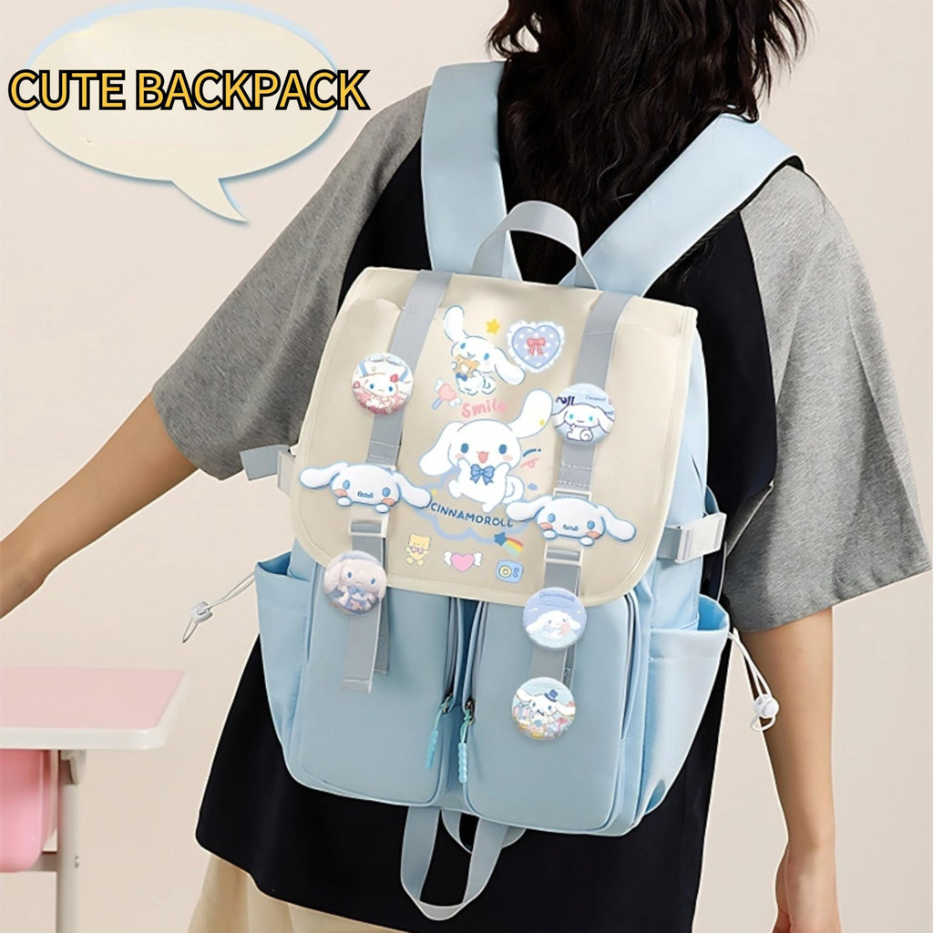Vivixilan Kawaii Backpack with 22Pcs Accessories Anime Cartoon Anti-Theft Travel Aesthetic New Semester Gifts Bag with Cute Pin