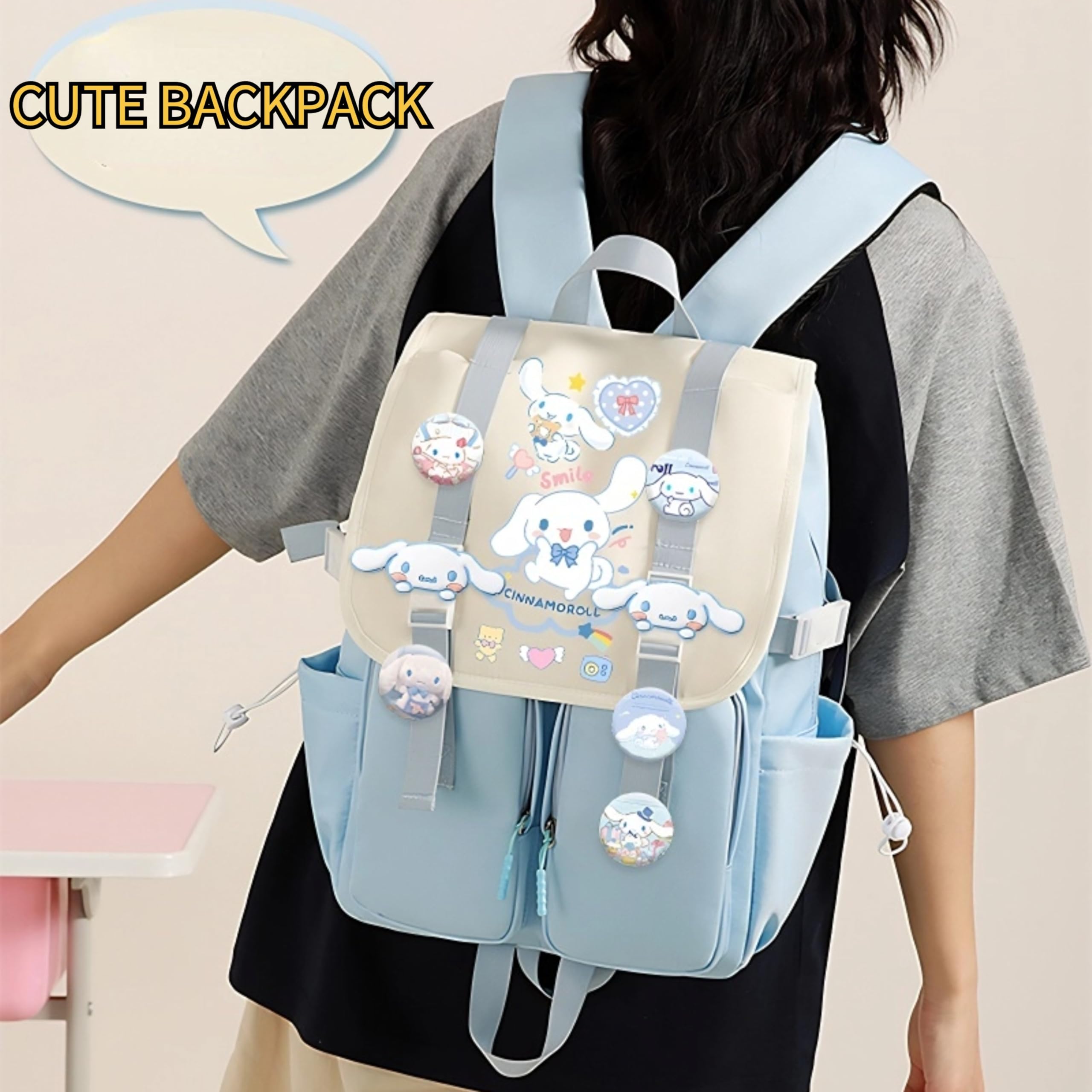 Vivixilan Kawaii Backpack with 22Pcs Accessories Anime Cartoon Anti-Theft Travel Aesthetic New Semester Gifts Bag with Cute Pin