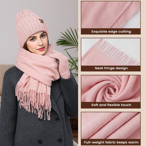 Womens Winter Knit Warm Hat Beanie+Long Scarf+Touch Screen Gloves Set Skull Caps Neck Scarves for Women/Men,Pink
