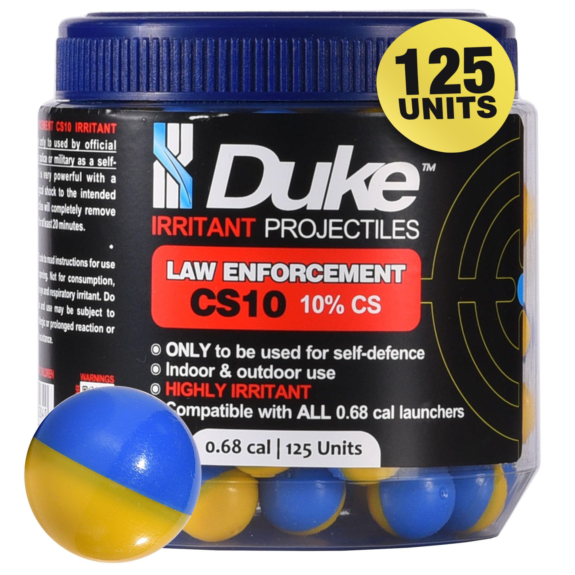 Duke 68 Cal Frangible Irritant Projectiles (10% CS), 125 Count - LE CS10 Irritant Projectiles, Non Lethal Tear Gas Round for Situational Defense Weapons, Professional-Grade, Weight: 3.3g