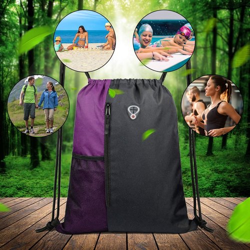 BeeGreen Purple Drawstring Backpack - Large Cinch Sack Gym Bag with Zipper & Mesh Pockets, 16 x 20 Inch