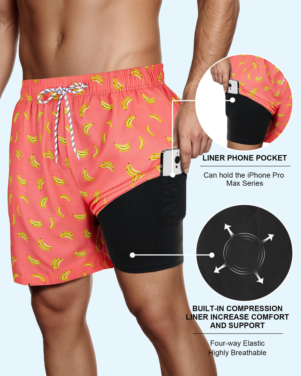 American Trends Men's Swim Trunks 7 Inch with Compression Liner Quick Dry Swim Shorts for Men Beach Board Shorts Bathing Suit with Pockets Medium Pink Orange Banana