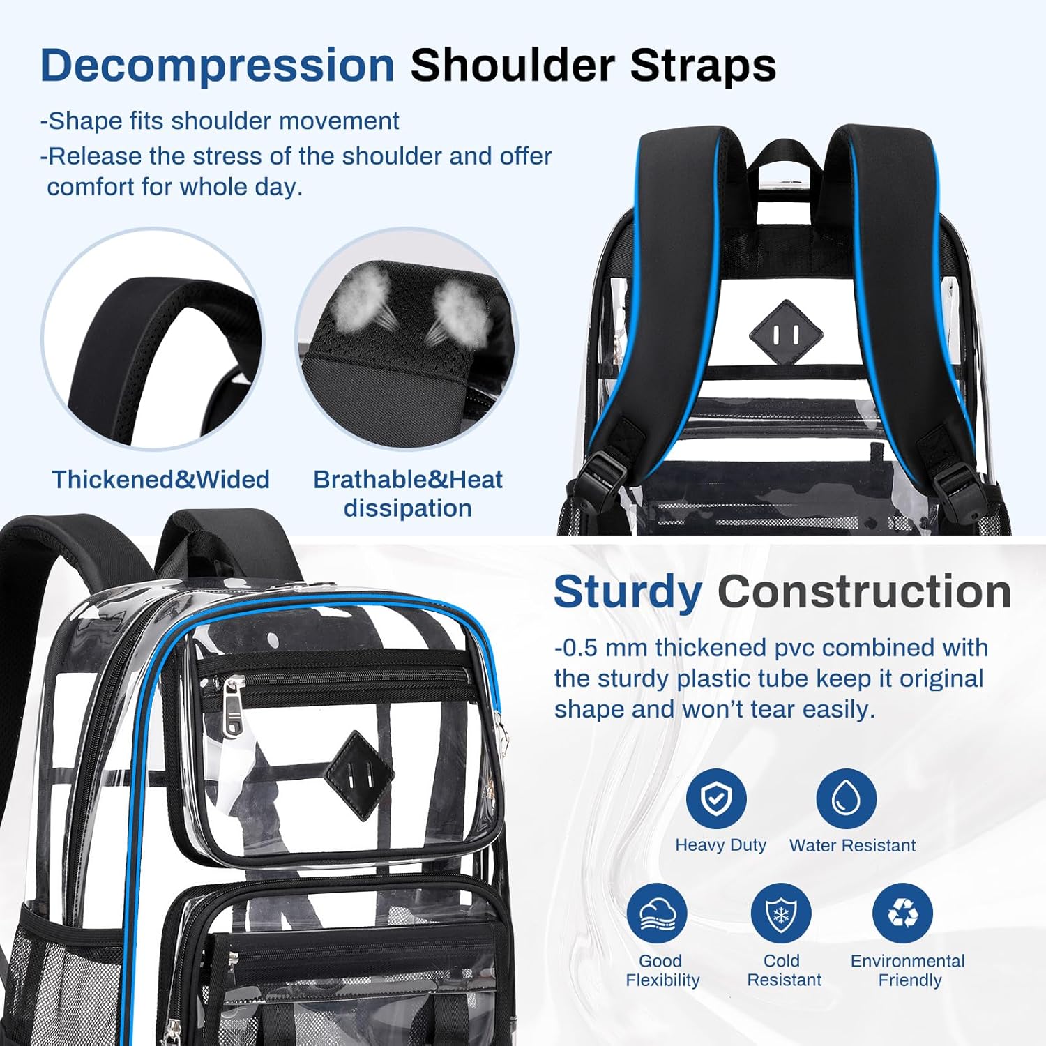Sisipoet Clear Backpack for School, PVC Clear Bookbag Heavy Duty Transparent Backpack for Stadium Events See Through Bag