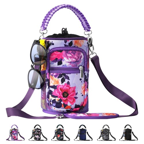 AceTreker 64 oz 128 oz Neoprene Water Bottle Holder with Strap & 5 Pockets for Insulated Metal Hydro Jug Water Bottles, Thermo Flask Sleeve Carrier Bag for Camping Trip-Purple Rose