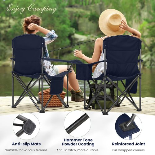 High Point Sports Oversized Portable Camping Chair - Heavy Duty, 450 LBS Support, 2 Pack, Blue | Includes Cup Holder & Cooler Bag